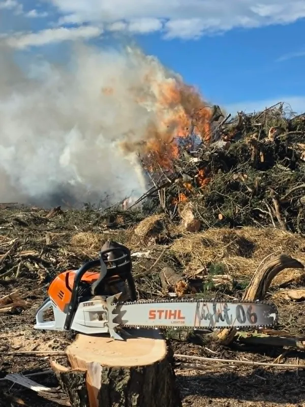 Stihl chainsaw beside a burn pile on a Southland property